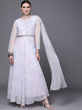 Blue & White Floral Fit & Flare Maxi Ethnic Dress-AHDRGRDP-994-FF