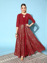 Maroon Brocade Print Ethnic Dress-AHDRJK-COMBO-471