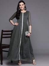 Grey Abstract Print Layered A-Line Maxi Ethnic Dress-AHEDCHGL-231