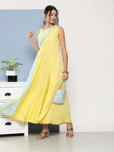 Yellow & Blue Colourblocked Maxi Ethnic Dress-AHEDCRCFDP-140