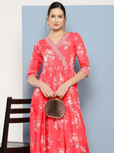 Floral Printed Pleated Maxi Empire Ethnic Dress-AHEDCRDP-151