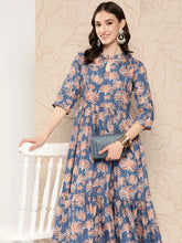 Floral Printed Gathered Crepe Empire Ethnic Dress-AHEDCRDP-175