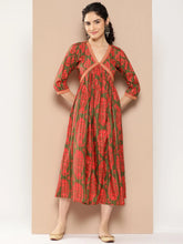 Green & Red Floral Print Flared A-Line Midi Dress-AHEDCRDPFP-176-ICH