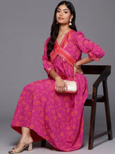 Floral Print Puff Sleeve A-Line Midi Dress-AHEDCRKH-224