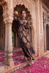 Women Black Crepe Copper Foil Print Dress-AHDRCRFP-900