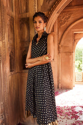 Black Georgette Golden Printed Midi Fit & Flare Ethnic Dress-AHEDGRFP-130