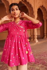 Pink Chanderi Printed Angrakha Style Tunic-AHTUCHFP-8096
