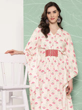 Women Floral Printed Flared Sleeves Gotta Patti Crepe Kaftan Kurta-AHKFCRDP-6066-ICH