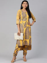 Mustard Yellow & Pink Paisley Print Kurta with Churidar-AHKUCD-Combo-300