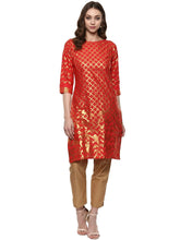 Fiery Red Cotton Blend Kurta with Metallic Gold Print-AHKUCOFP-619