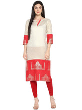 Off White & Red Metallic Printed Straight Cotton Blend Kurta-AHKUCOFP-642