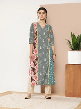 Green & Pink Floral Printed Gotta Patti Paneled Kurta-AHKUCRDP-1031