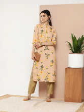 Women Tan & Yellow Floral Printed Floral Crepe Kurta-AHKUCRDP-1036-ICH