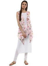 White & Pink Floral Scarf Cape attached Straight Kurta-AHKUCRDP-631
