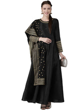 Black Solid Dress with Printed Dupatta Set-AHKUDU-Combo-259