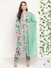 Green Floral Printed Kurta with Churidar & With Dupatta-AHKUDUCD-COMBO-355-FF