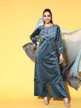 Turquoise Blue Textured Velvet Kurta with Palazzos & Dupatta-AHKUDUPZ-COMBO-559