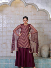 Women's Wine Crepe Glitter Print Sharara Set With Dupatta-AHKUDUSH-COMBO-369