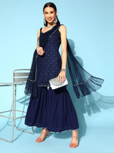Women's Navy Blue Printed Top to Toe Printed Fusion Sharara Sets With Dupatta-AHKUDUSH-COMBO-469-FF