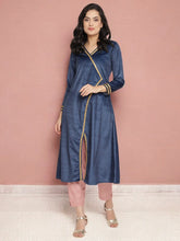 Navy Solid Velvet Angrakha Kurta With Gold Printed Pant-AHKUPN-COMBO-414