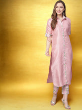 Pink Floral Printed Shirt Collar Kurta With Trouser-AHKUPN-Combo-91