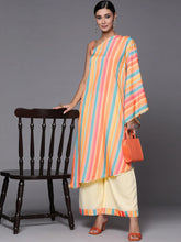 Multicolour Printed Striped Asymmetric Taselled Kaftan Kurta Palazzos-AHKUPZ-COMBO-551-FF