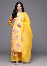 Womens Yellow Crepe Fusion Kurta Sets With Dupatta-AHKUPZDU-COMBO-1123