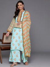 Women Floral Printed Regular Thread Work Kurta with Palazzos & With Dupatta-AHKUPZDU-COMBO-939