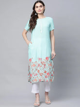 Blue Floral Printed Gotta Patti Kurta-AHKURYDD-1043