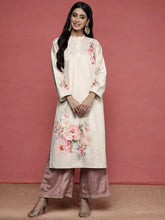 Cream & Pink Floral Printed Gotta Patti Floral Velvet Kurta-AHKUVLDP-1013