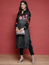 Women Black & Red Floral Printed Gotta Patti Velvet Kurta-AHKUVLDP-1014