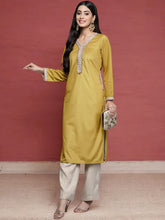Mustard Yellow & Golden Ethnic Motifs Yoke Design Velvet Kurta-AHKUVLDP-1017
