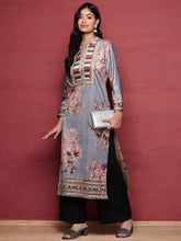 Grey Floral Printed Velvet Kurta-AHKUVLDP2-1113