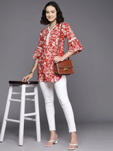 Floral Printed Bell Sleeves Tunic With Lace Inserts-AHTUCOWX-8155