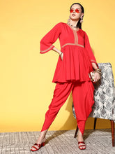 Red Pleated Gotta Patti Kurti with Dhoti Pants-AHTUDO-COMBO-590