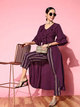 Burgundy Solid Layered Tunic with Striped Trousers Co-Ords Set-AHTUPN-COMBO-635