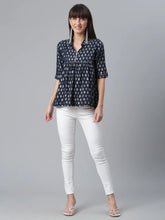 Viscose Rayon Navy Blue Foil Silver Printed Western Tunic-AHTURYFP-8043