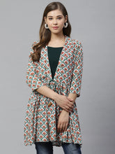 White & Teal Green Ethnic Printed Waist Tie-Up Tunic-AHTURYWXDS-8006