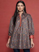 Grey Shirt Collar Velvet Digital Printed Tunic-AHTUVLDP-8111