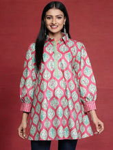 Fuchsia Shirt Collar Velvet Digital Printed Tunic-AHTUVLDP-8112