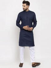 Men Navy-Blue & White Solid Kurta with Churidar ( JOKP 532 Navy-Blue )