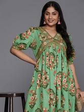 Plus Size Floral Print Puff Sleeves Sequinned Midi Empire Ethnic Dress-AP-AHEDCRDP-212