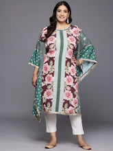 Plus Size Floral Printed Flared Sleeves Gotta Patti Crepe Kaftan Kurta-AP-AHKFCRDP-6033