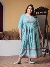 Plus Size Women Printed & Embroidered Rayon Flared Kurta-AQUAZUBBYPLUS