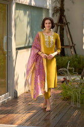 Women's Mustard Viscose Rayon Embroidered Kurta Pant With Dupatta-AVT-S2012-MUS