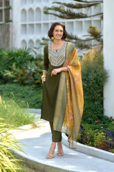 Women's Olive Viscose Rayon Embroidered Kurta Pant With Dupatta-AVT-S2013-MEH
