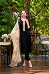 Women's Black Viscose Rayon Embroidered Kurta Pant With Dupatta-AVT-S2014-BLACK