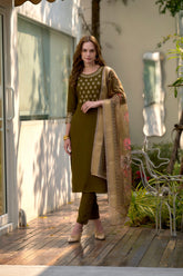 Women's Olive Rayon Embroidered Kurta Pant With Dupatta-AVT-S2016-Olive