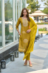 Women's Tissue Mustard Floral Printed With Embroidered Kurta Pant With Dupatta-AVT-S2019-Mustard