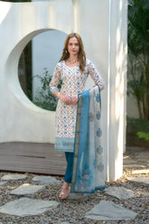 Women's Cotton White Floral Printed With Chikankari Embroidered Kurta Pant With Dupatta-AVT-S2022-White